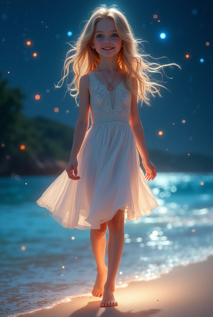 (masterpiece、Highest quality、8k、High resolution)、(The best beautiful girl)、Best Style、(The most beautiful face)、Clear skin、Clean blue eyes、Beautiful lips、smile、Beautiful white upper teeth、Beautiful nose、Blonde Hair、Ample breasts、Walking on the sand、look back、Ocean、You can see the forest、A bright night with stars visible、Beautiful starry sky、milky way、(体whole bodyから神秘的な光の粒子、Colorful Light)、(jewelry、necklace)、dress、(whole body)、Highly detailed anime、A complete portrayal、