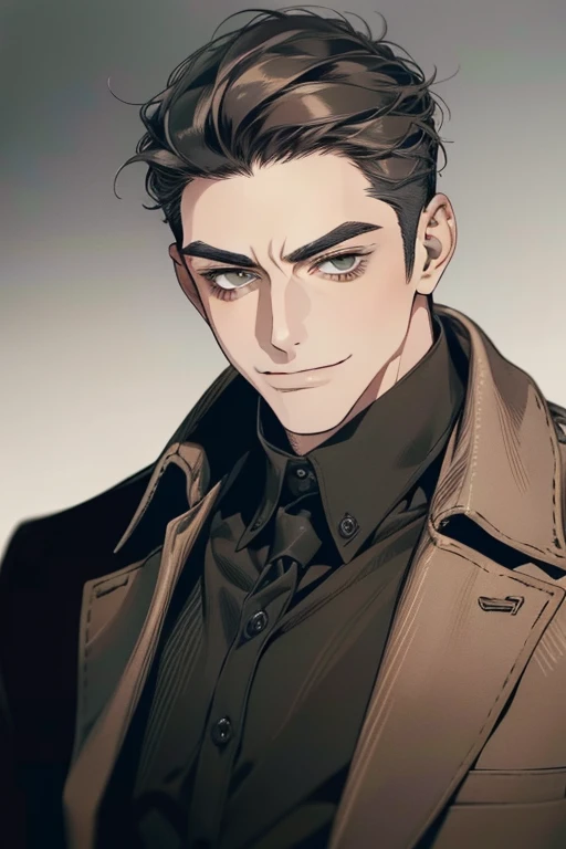 masterpiece, best quality, realistic, 1man,  male, quiet and charming mature34 years old, smirk and look on the side, closed mouth, portrait, extremely detailed face, smirk, (dark green eyes), (short-side-swept sandy grey black hair)), [thick eyebrows], (detective clothing)