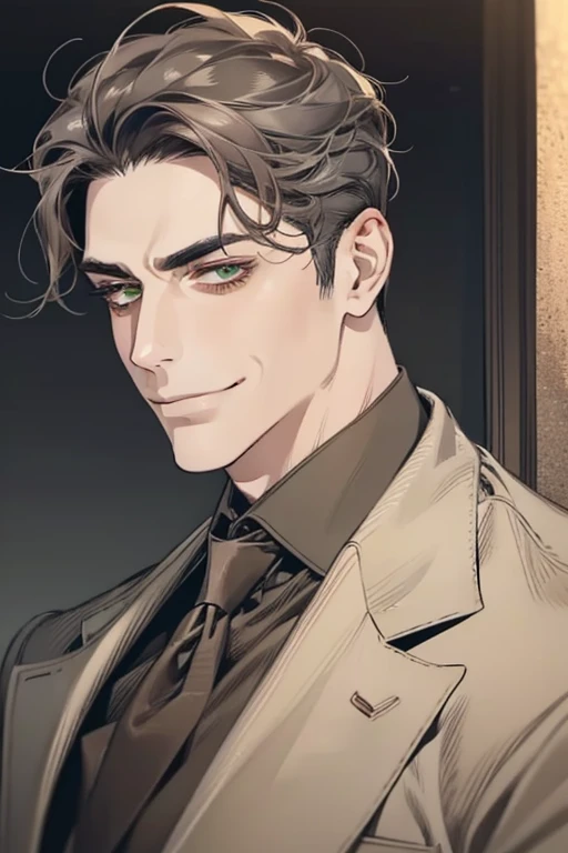 masterpiece, best quality, realistic, 1man, mature male, quiet and charming mature man, 34 years old, smirk and look on the side, closed mouth, portrait, extremely detailed face, smirk, (dark green eyes), (short-side-swept sandy grey black hair)), [thick eyebrows], (detective clothing)