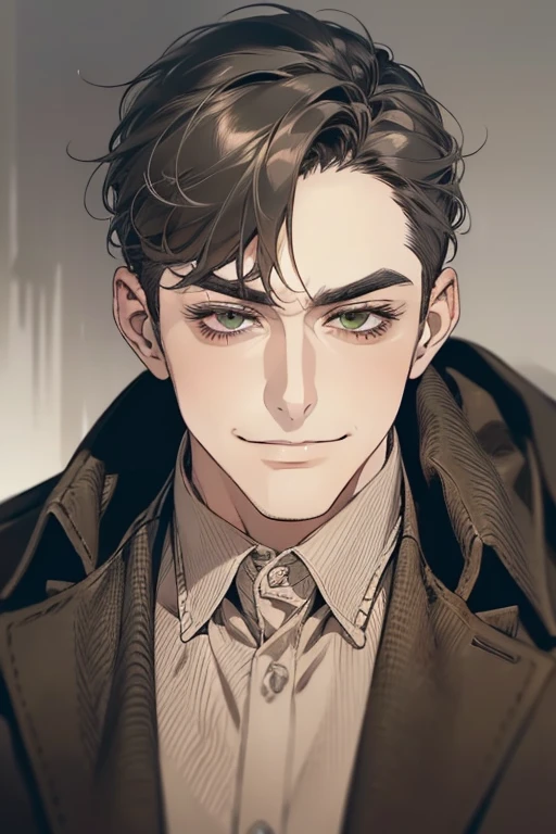 masterpiece, best quality, realistic, 1man, mature male, quiet and charming mature man, 34 years old, smirk and look on the side, closed mouth, portrait, extremely detailed face, smirk, (dark green eyes), (short-side-swept sandy grey black hair)), [thick eyebrows], (detective clothing)