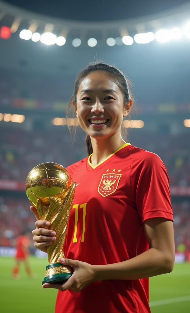 Chinese women's football,Beautiful facial features,White skin,Win the final,Holding the World Cup in front of my chest,Smiling at the camera,Half-length photo,World Cup stadium as background