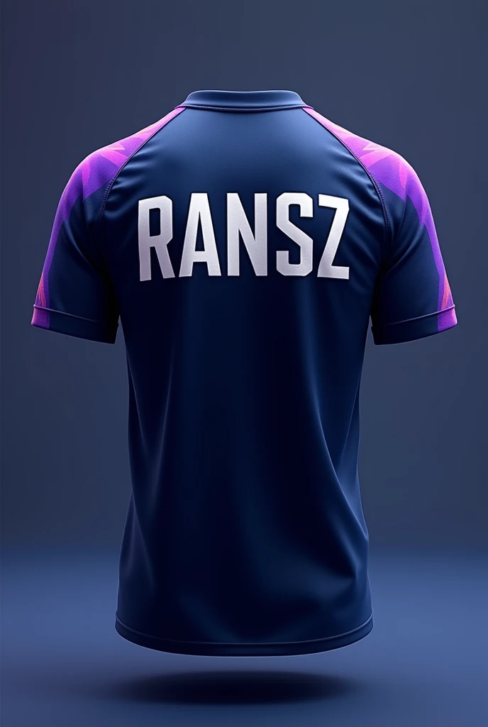Mobile Legends Esports Jersey Back, Primary Colors: The back of the jersey will use a dominant navy blue base color..Color Accent: Around the shoulders and neck area, There will be purple and blue accent lines that blend together smoothly., giving a dynamic impression. This purple color will complete a cool and attractive look..Nama Pemain "RANSZ": The player's name will be placed in the center of the back in white or light blue., which contrasts with the navy background. The font used will be modern and slightly bold., make the player's name visible and prominent.More Details: The back of the jersey remains simple, tanpa banyak elemen tambahan. The focus is on the player's name "RANSZ", with color accents that emphasize the team's identity.
