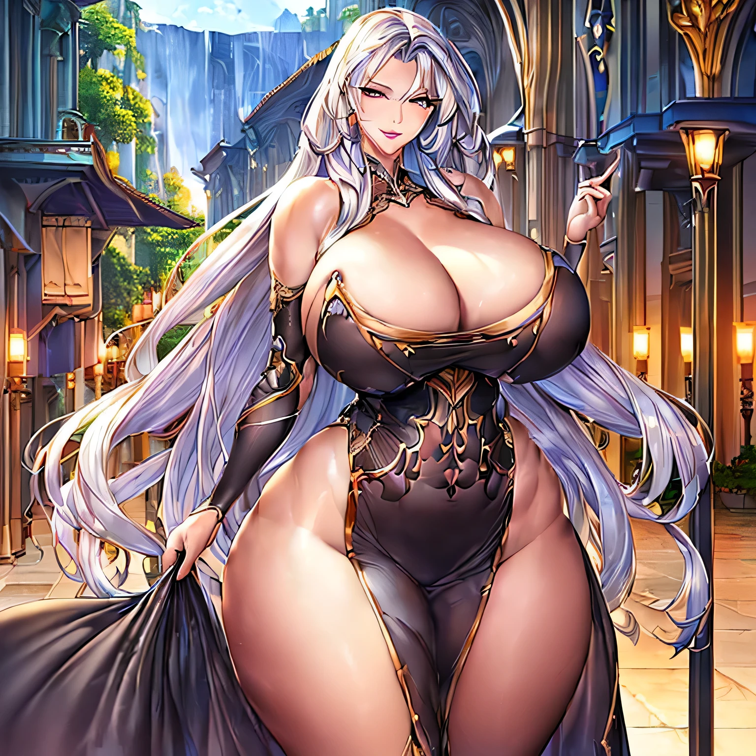 
((masterpiece)), ((best quality)), (ultra-detailed), absurdres, extremely detailed CG unity 8k wallpaper, Official Art, (realistic), beautiful face, detailed hands, expressive eyes, upper body, close up, solo, (scenery, illustration, dramatic lighting:1.1), (standing, arm at side, seductive smile, parted lips:1.2), (1girl, older girl, onee-san, big sister, wide hips, narrow waist, huge breasts, older, long hair, sharp eyelashes, thick lips:1.4), (dress:1.3), ((masterpiece)), , absurdres, HDR milf