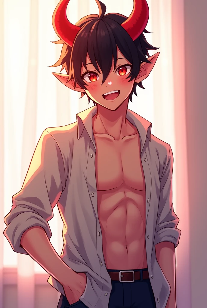  anime, devil, adolescent, pose sexy, horns, Red eyes, cheered up, portrait, Ahegao, masculine, big smile, by white, Ahegao.