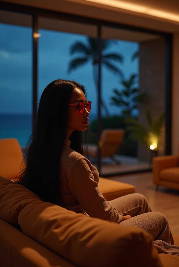 african girl, 19 ans, long black hair, red glasses, sitting in a large luxury modern living room, tan furniture, dark lighting, night, panoramic view of Hawaii out of the window, wearing acne studio