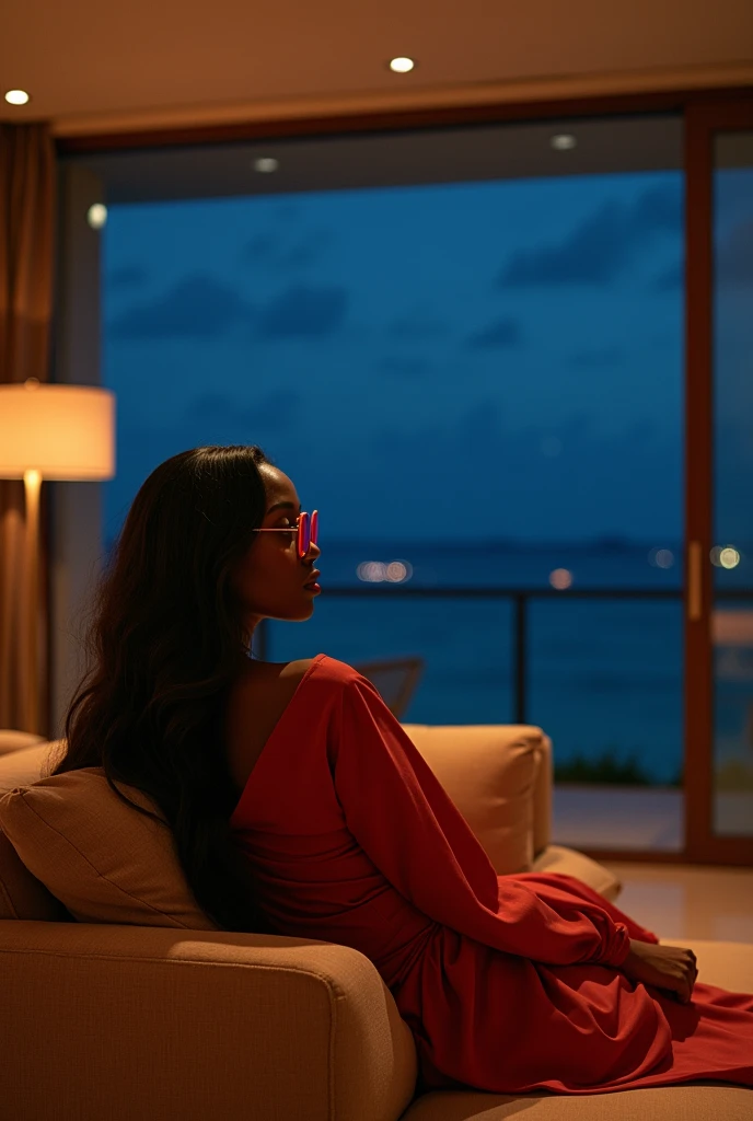 african girl, 19 ans, long black hair, red glasses, sitting in a large luxury modern living room, tan furniture, dark lighting, night, panoramic view of Hawaii out of the window, wearing acne studio