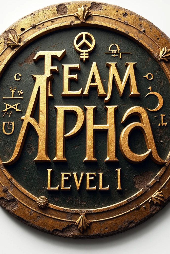 Generate a round logo where it says "Team Alpha level 1". must include mathematical symbols as decorations. It should also have an antique look with Greek or Roman style typography..