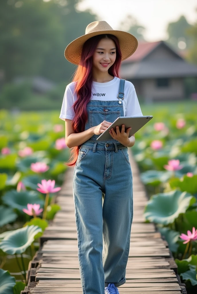 A young Thai Asian woman with a very beautiful face, big eyes, pure white skin, sweet smile, leave, nose, and perfect mouth, big braid, reddish purple hair, wearing a jumpsuit and jeans. Cute and neat white t-shirt, wearing a very cool straw hat, wearing blue sneakers. Carrying a camera around your neck He looked at the iPad in his hand.wooden bridge, air, and many beautiful lotus flowers. The bridge connecting the villages.displays "widow" on his clothes.Blurred background.