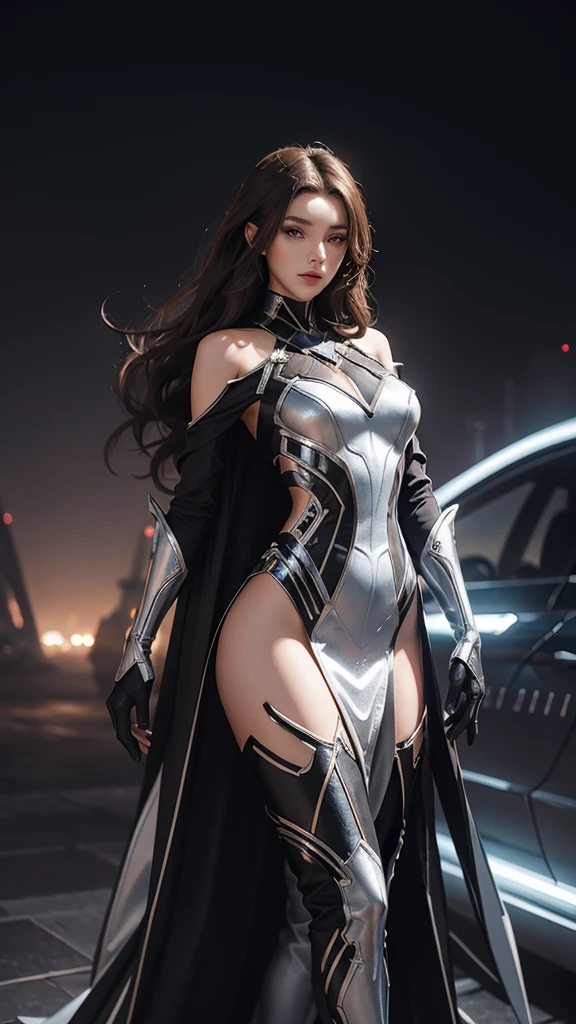 half body of a gorgeous beautiful brunette woman in a futuristic sexy dress, The collection features metallic and geometric accents, highlighting the time travel theme. The model wears a sleek silver evening gown with digital motifs and illuminated panels, in action pose, anime style