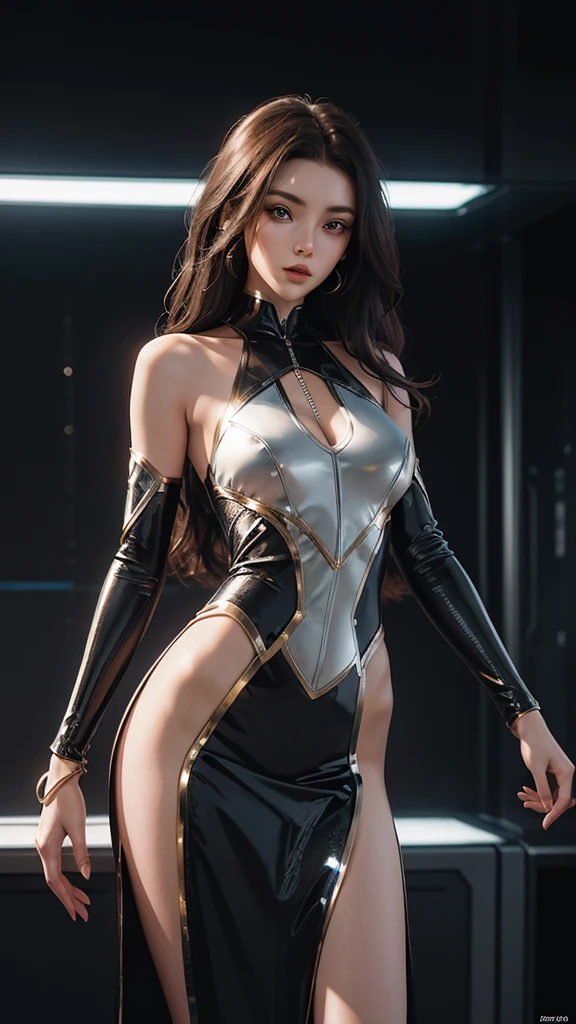 half body of a gorgeous beautiful brunette woman in a futuristic sexy dress, The collection features metallic and geometric accents, highlighting the time travel theme. The model wears a sleek silver evening gown with digital motifs and illuminated panels, in action pose, anime style
