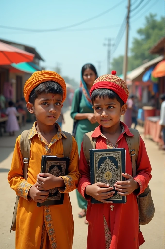 Two boys wearing Punjabi clothes, hats on their heads and Quran in their hands.  Two boys are crying.  Behind her mother runs them with a stick to go to school.  The two boys are 