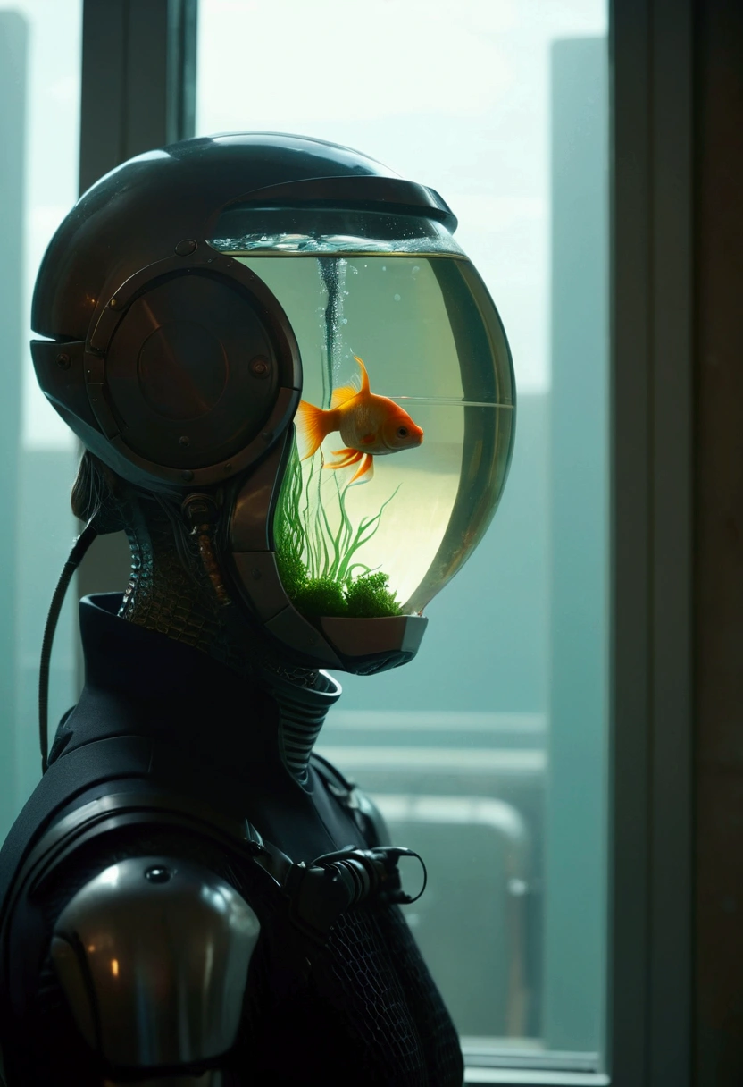 a close up of a person wearing a fish bowl with a fish inside, sci - fi film still, chris cunningham, sci-fi movie still, sci-fi cinematic movie still, dramatic sci-fi movie still, bionic scifi alexandre ferra, golden fish in water exoskeleton, in goldfish armor, love death and robots, movie still of a cool cyborg