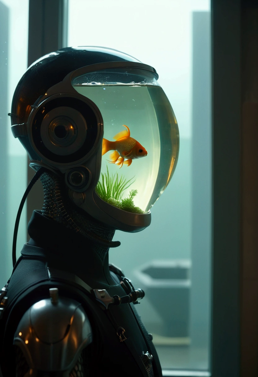 a close up of a person wearing a fish bowl with a fish inside, sci - fi film still, chris cunningham, sci-fi movie still, sci-fi cinematic movie still, dramatic sci-fi movie still, bionic scifi alexandre ferra, golden fish in water exoskeleton, in goldfish armor, love death and robots, movie still of a cool cyborg