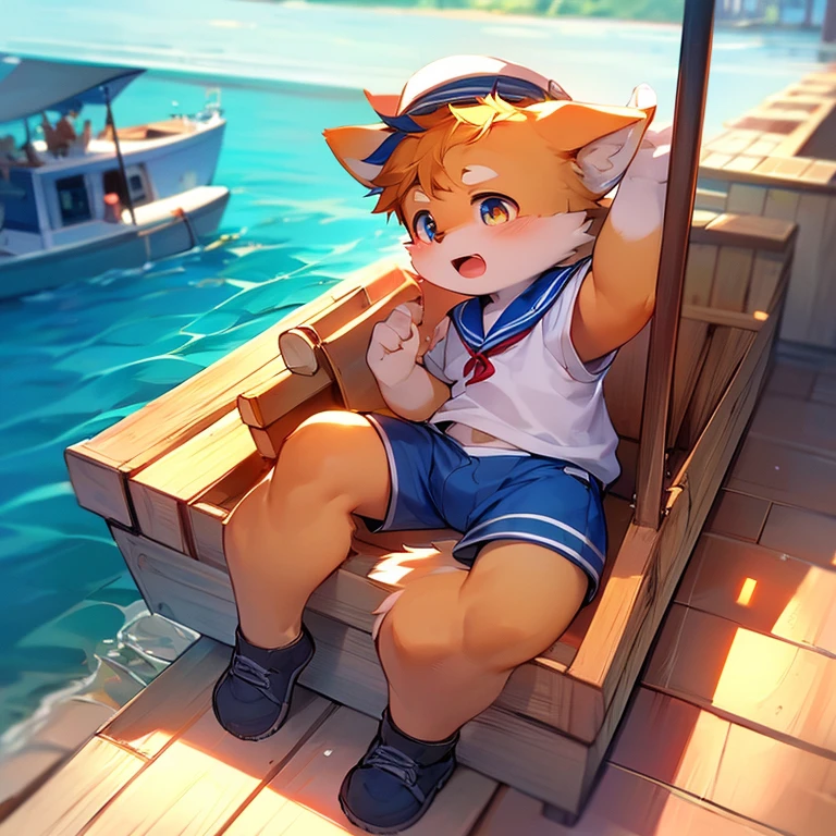 Boat deck，Fox Boy，Male focus，Furry people，Hairy Shota，Characteristics of a three-year-old boy，Height 1.6 m，pupil，Bright Eyes，Sailor hat，White sailor suit，shorts，Not outstanding