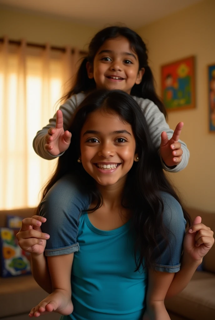 Create a realistic photograph of a smiling and beautiful indian young girl in blue top carrying a large chubby man on her shoulders in a room, man is sitting on top of her shoulders , man on top, woman at bottom 