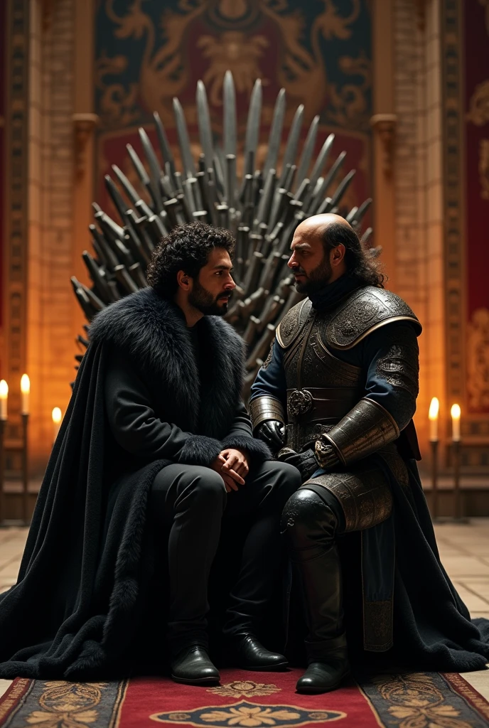 Create an image set in Game of Thrones in which Luciano Pavarotti plays John Snow, sitting on the iron throne while listening to advice from Andreas Bocelli, playing the Hand of the King. Medieval setting