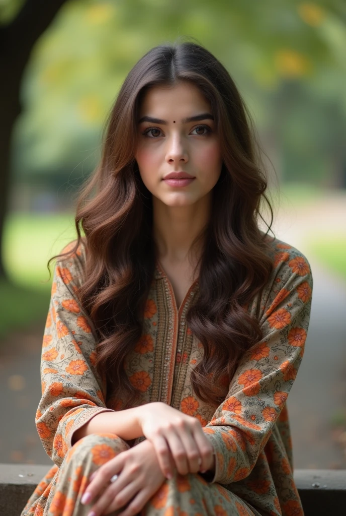 Beautiful Pakistani 20 year old girl brown hair black eyes cute glowing face shalwar kameez full body in park background blur , sitting on stairs,loss angel 