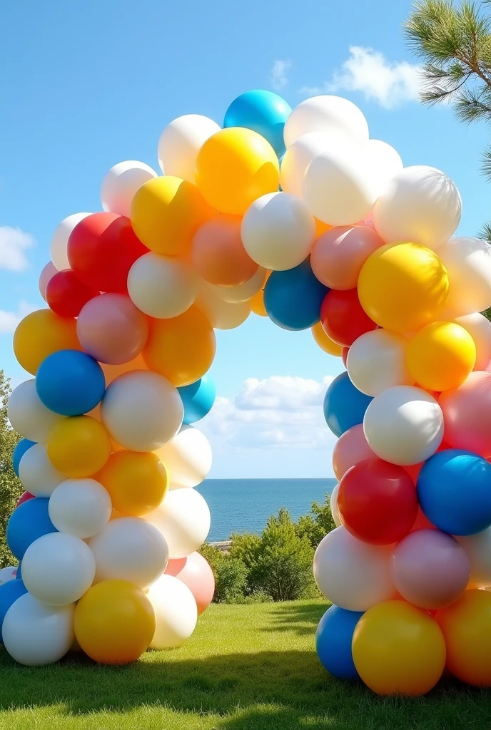 yellow, blue, red and white themed balloon gate, with white balloons more than other colors 