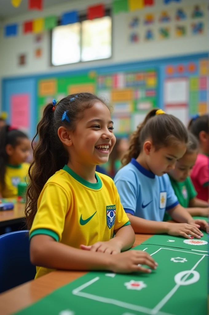 School business with children dressed as the Brazilian and Argentine national teams