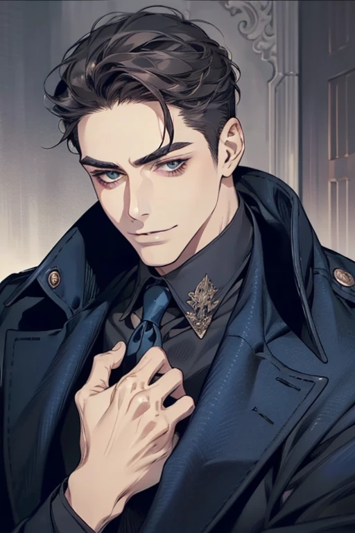 masterpiece, best quality, realistic, 1man, mature male, quiet and charming mature man, 34 years old, smirk and look on the side, closed mouth, portrait, extremely detailed face, smirk, (dark blue eyes), (short-side-swept sandy grey black hair)), [thick eyebrows], (detective clothing)