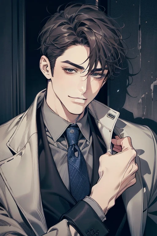 masterpiece, best quality, realistic, 1man, mature male, quiet and charming mature man, 34 years old, smirk and look on the side, closed mouth, portrait, extremely detailed face, smirk, (dark blue eyes), (short-side-swept sandy grey black hair)), [thick eyebrows], (detective clothing)