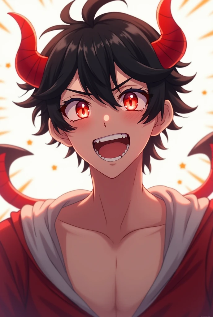 anime, devil, adolescent, pose sexy, horns, Red eyes, cheered up, portrait, Ahegao, masculine, big smile, by white, Ahegao.