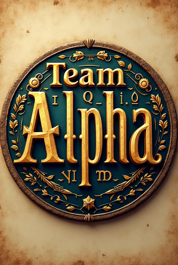 Generate a round logo where it says "Team Alpha level 1". must include mathematical symbols as decorations. It should also have an antique look with Greek or Roman style typography..