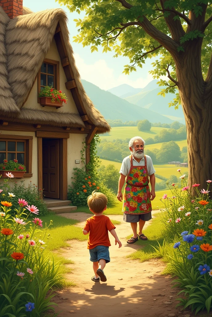A boy meet with their grandfather and grandmother in the village
