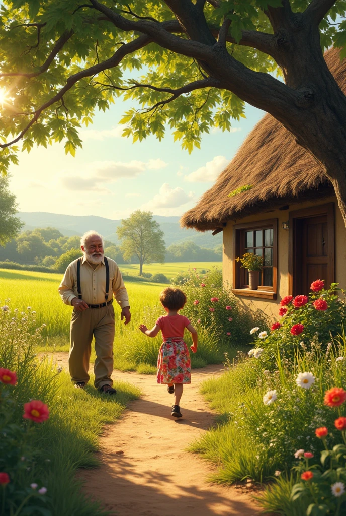 A boy meet with their grandfather and grandmother in the village