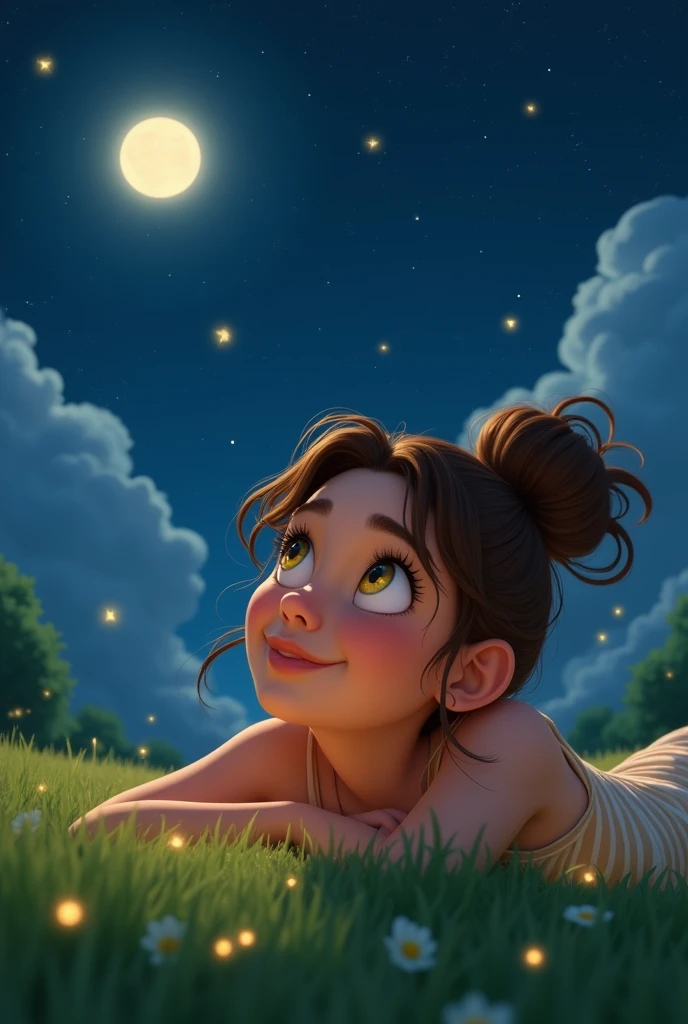 Lying on a beautiful green lawn looking at the stars with her hair in a messy, voluminous bun, make a 25-year-old woman, with white skin, brown hair, yellow eyes and expressive, Pixar Disney style