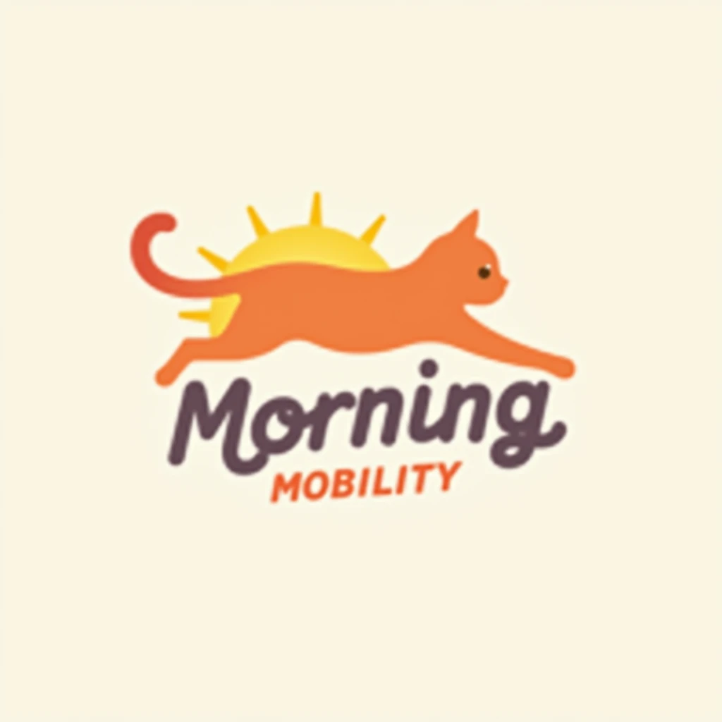 Logo primarily using typography. "Morning" forms the shape of a stretching cat, its tail extending into the "M". "Mobility" uses fluid, playful letterforms below. Color palette: Soft sunrise hues (pinks, oranges, yellows) for a gentle yet energetic feel.