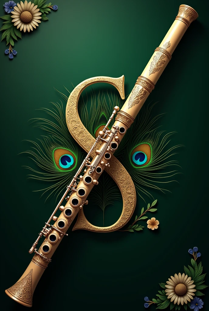 A flute adorned with intricate details is placed diagonally across a large, stylized green letter "SM". Behind the flute is a vibrant small peacock feather, adding a touch of colorful elegance to the composition. The background is green effect with dark, making the elements stand out distinctly.follwers decoration