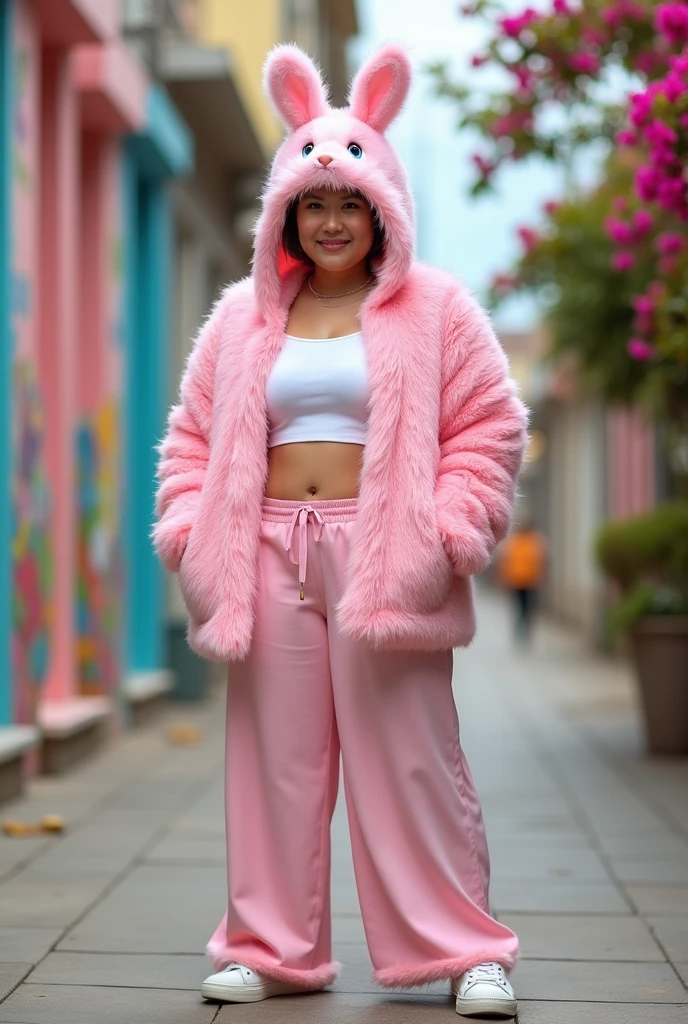 Slightly chuby young Filipino man in pink fluffy fur cardigan, fluffy bunny hat, white croptop, wide pink pants, and white shoes