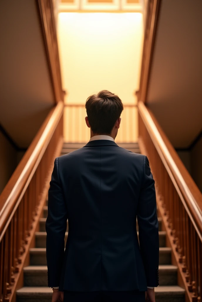 The back of a male office worker in his 30s、Branching staircase in front、A light shines at the top of the stairs、In a suit