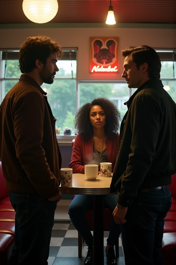 An image of the characters Sam and Dean Winchesters, talking to a girl with brown skin and curly hair.