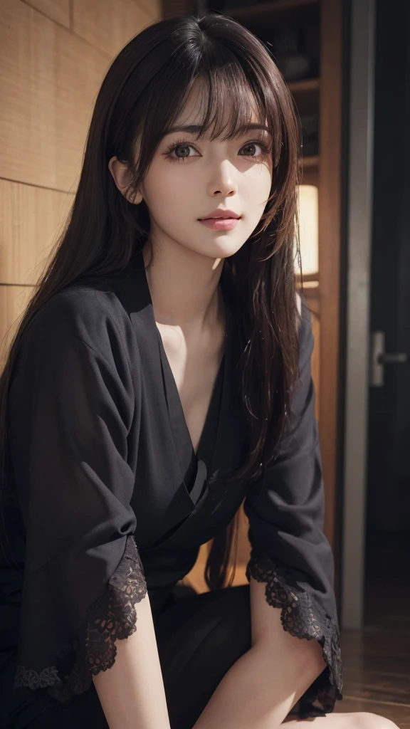 (Ultra Realistic), (Illustration), (High Resolution), (8K), (Very Detailed), (Best Illustration), (Beautiful and Detailed Eyes), (Best Quality), (Ultra Detailed), (Masterpiece), (Wallpaper), (Detailed Face), Solo, One Girl, Viewer, Fine Detail, Detailed Face, In the Dark, Deep Shadows, Low Key, pureerosfaceace_v1, Smile, Long Hair, Black shawl straight hair, 46-point diagonal bangs, full body, legs open