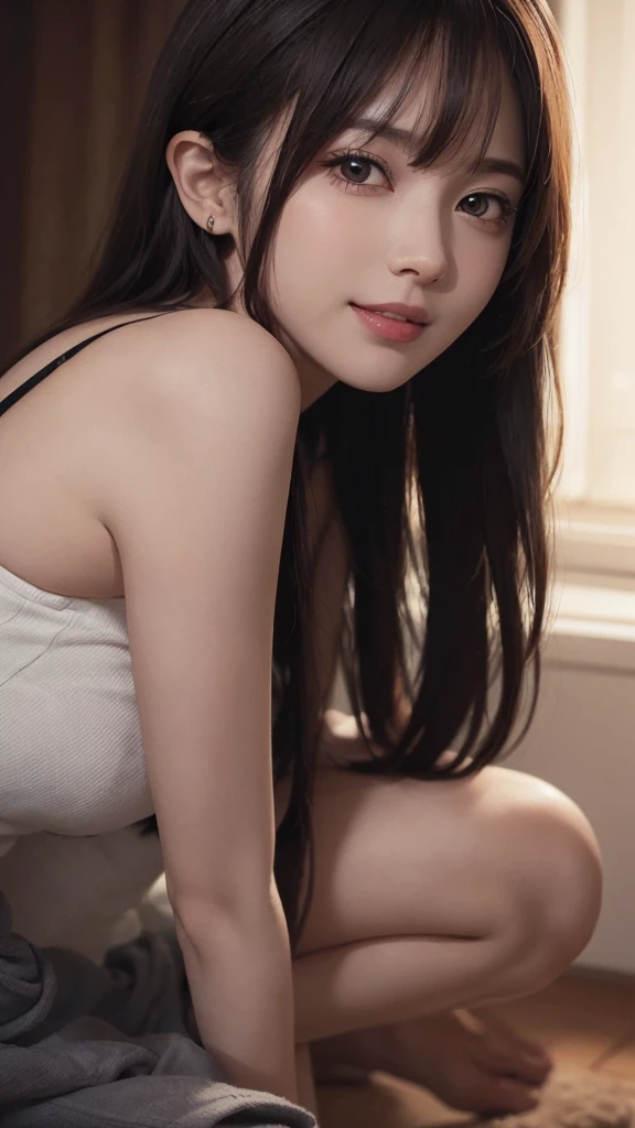 (Ultra Realistic), (Illustration), (High Resolution), (8K), (Very Detailed), (Best Illustration), (Beautiful and Detailed Eyes), (Best Quality), (Ultra Detailed), (Masterpiece), (Wallpaper), (Detailed Face), Solo, One Girl, Viewer, Fine Detail, Detailed Face, In the Dark, Deep Shadows, Low Key, pureerosfaceace_v1, Smile, Long Hair, Black shawl straight hair, 46-point diagonal bangs, full body, legs open