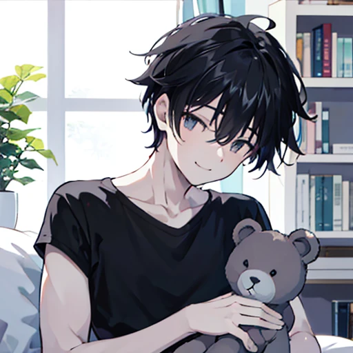 Watercolor, pale colour, There is 1 person, He has a teddy bear, Upper body shot only, Black short hair, Focus on the upper body, He is wearing a grey shirt, Black shorts, He smiles gently., He is sleeping in bed., Bookshelf