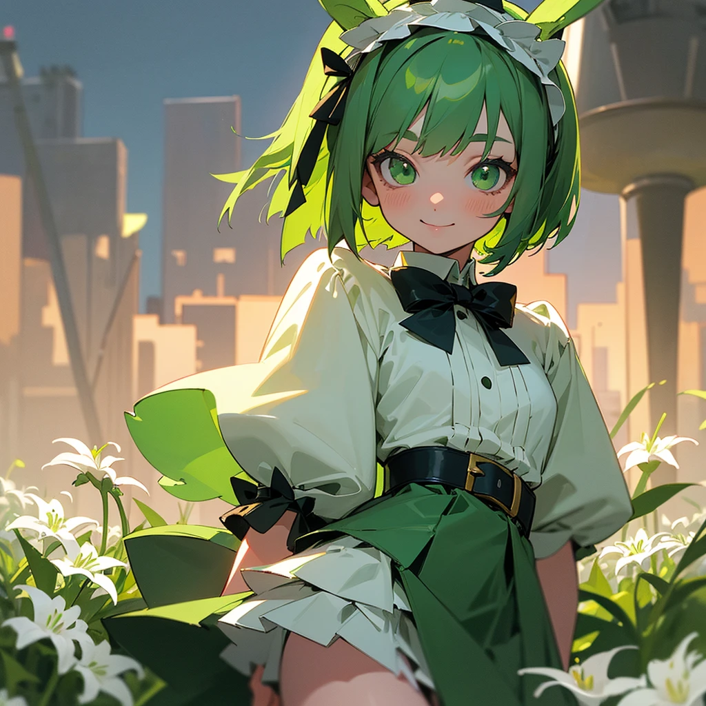 Green rabbit ears, green animal ears, a girl, bob cut, green hair, green eyes, look young, alone, short,  tiny,Lolita, childhood,smile, White Lily blouse, mini skirt, hairband, belt, ribbon, kawaii, cute, -yeld, b face900 age, City,