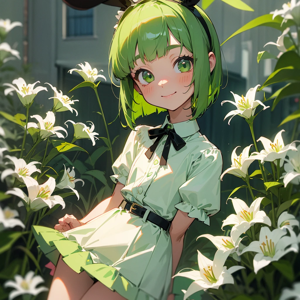 Green rabbit ears, green animal ears, a girl, bob cut, green hair, green eyes, look young, alone, short, tiny,Lolita, childhood,smile, White Lily blouse, mini skirt, hairband, belt, ribbon, kawaii, cute, 10-year-old, baby face, face, 1900 age, City,