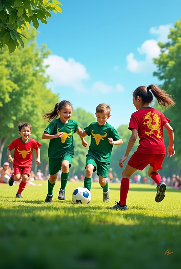 Two teams of children playing soccer, one with a green uniform and a bull insignia, the other with a red uniform and a dragon insignia