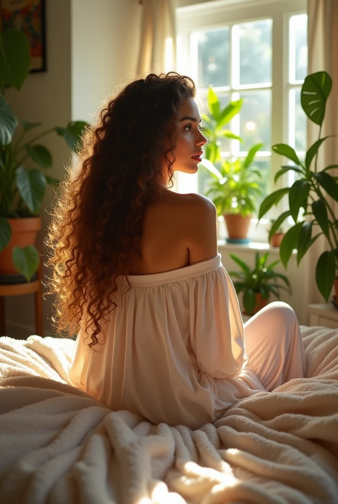 (photorealism:1.2), beautiful woman, sitting on bed, wearing loose off-shoulder top, pajama pants, long curly hair, indoors, soft lighting, plants in background, window with sunlight, cozy room, relaxed pose, realistic, intricate details, warm colors, by Greg Rutkowski, by Alphonse Mucha