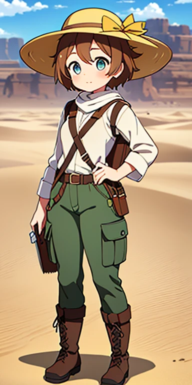 Full body, beautiful eyes , 1 girl , full body , cute girl , anime style , cute eyes , (standing up) , (Age: Late 40s
Hair: Short and sandy brown, often covered by a wide-brimmed hat to protect against the desert sun
Eyes: Hazel
Attire: Professor Ara typically wears practical field clothing suited for desert exploration, such as lightweight, breathable fabrics, cargo pants, and sturdy boots. They are also equipped with a variety of archaeological tools and often carry a durable, weather-resistant field journal.) ,