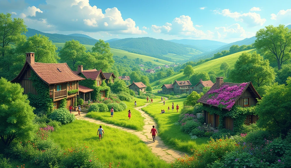In 3D animation style:An aerial view of the village**, now flourishing with greenery, happy people, and a sense of peace and harmony.