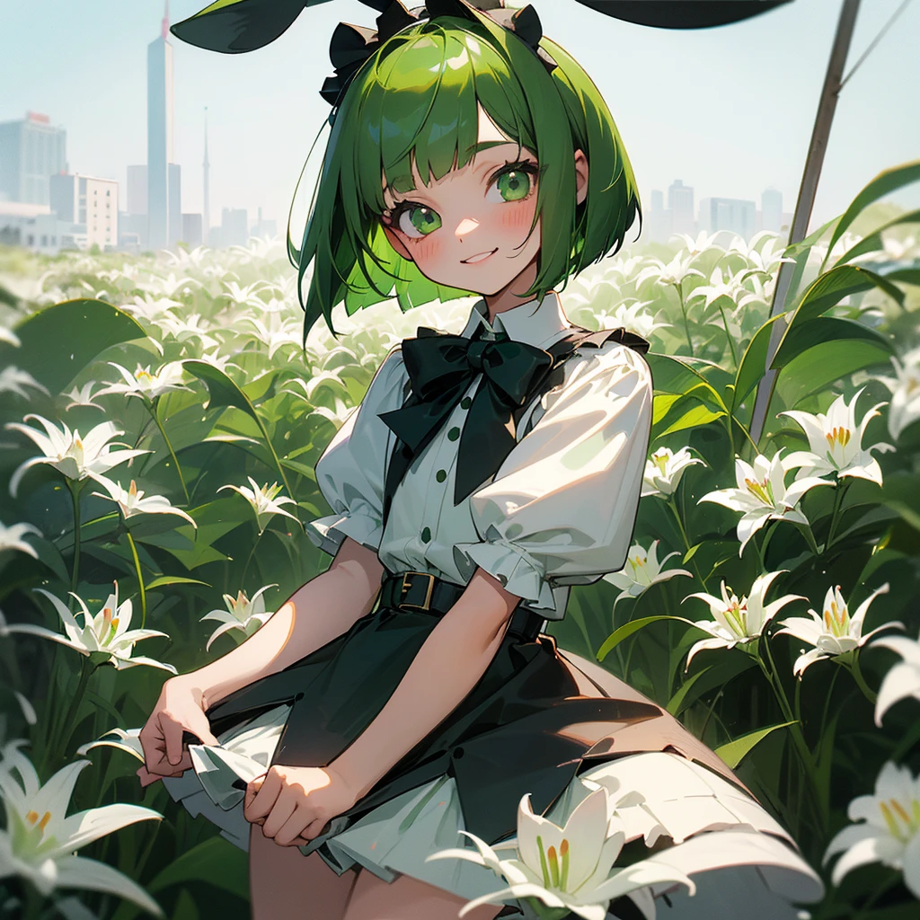 Green rabbit ears, green animal ears, a girl, bob cut, green hair, green eyes, look young, alone, short, tiny,Lolita, childhood,smile, White Lily blouse, mini skirt, belt, ribbon, kawaii, cute, 10-year-old, baby face, face, 1900 age, City,
