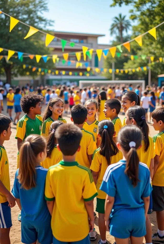 School kiosk with children dressed as the Brazilian and Argentine national teams