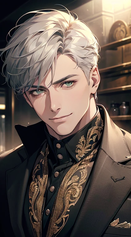 ((a mature man, very handsome, smile in love, short grey white hair, green eyes, perfect face without errors)), ((buttoning the jacket, CEO)), (best quality, masterpiece, 8K, photorealistic, cinematic lighting, hdr image, ultra detailed, beautiful image), (portrait, detailed facial features, intricate textures, realistic skin tones, highly detailed, ultra-realistic), (warm lighting, soft shadows, dramatic lighting), (muted color palette, rich tones), (professional photography, high resolution, studio lighting)