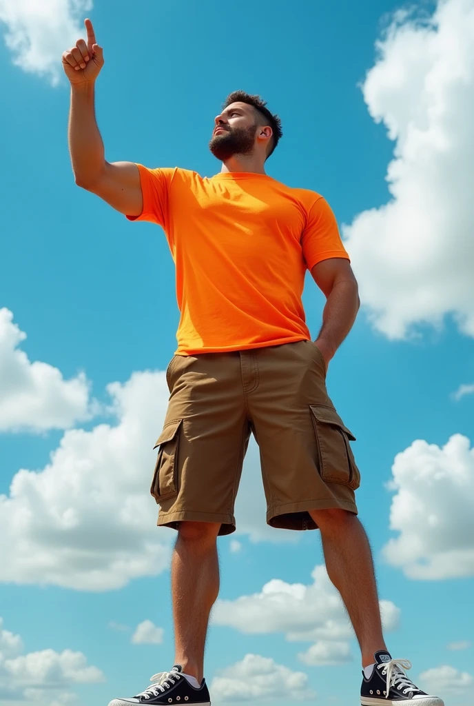 Muscular man wearing a shirt with long shorts Long loose shorts With pockets on the sides with converse sneakers Orange T-shirt and brown shorts Long short, long short, long Pose pointing to the sky from top-down perspective 360