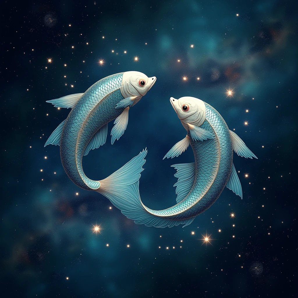 Pisces swimming in the sea of stars、Fantasy、Pisces in outline