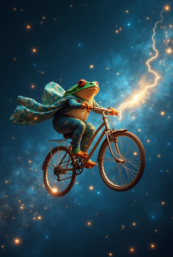 (Full-scale Huge Starry Sky:1.4) art, (as under deep sea lighting:1.1), Lots of sparkling stars、 realistic, A lightning-firing frog flies through space on a bicycle、float、 Jump、flying、Drift、kimono、 in deep space, cosmic shower、